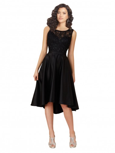 Noir Trapèze Illusion midi Satiné Dentelle Courte Asymétrique Robes demoiselle d'honneur / Robes de cocktail à Vendre