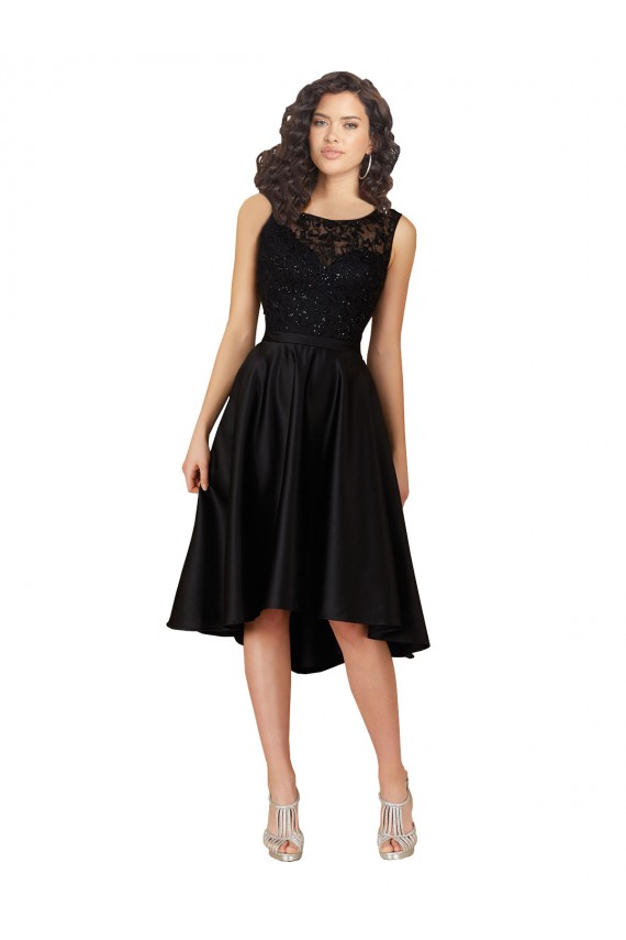 Noir Trapèze Illusion midi Satiné Dentelle Courte Asymétrique Robes demoiselle d'honneur / Robes de cocktail à Vendre