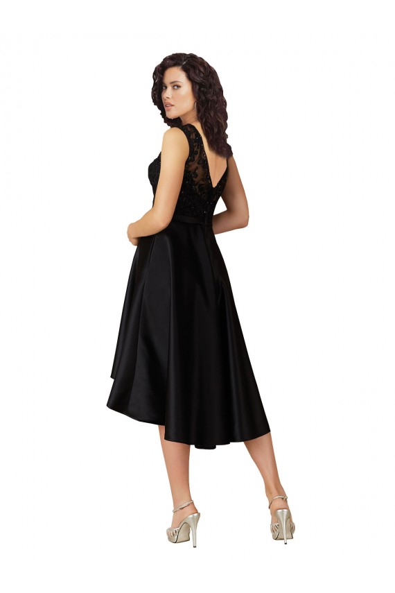 Noir Trapèze Illusion midi Satiné Dentelle Courte Asymétrique Robes demoiselle d'honneur / Robes de cocktail à Vendre