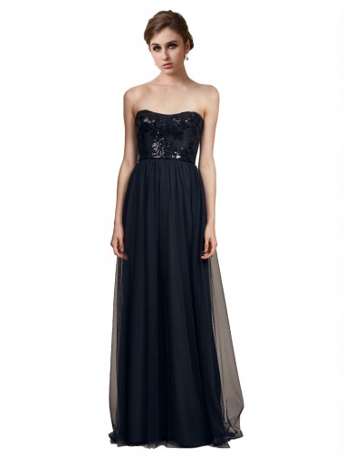 Noir Trapèze Sans bretelle Tulle Longue Robes demoiselle d'honneur à Vendre