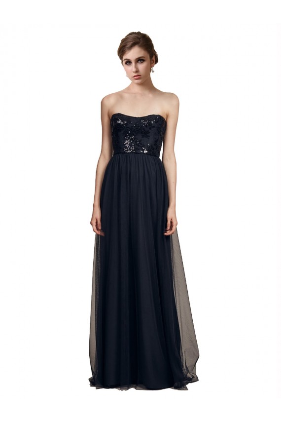 Noir Trapèze Sans bretelle Tulle Longue Robes demoiselle d'honneur à Vendre