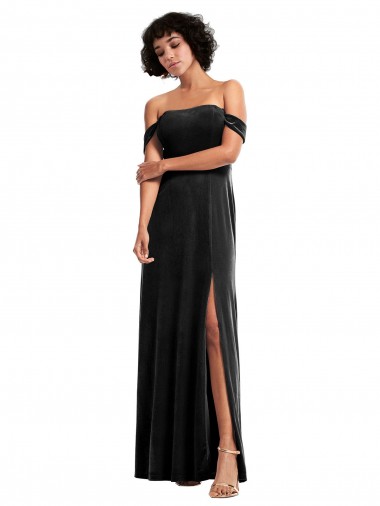 Noir Trapèze Épaule Dénudée Sans bretelle Velours Stretch Longue Formelles Robes demoiselle d'honneur / Robes de soirée / Robes de bal à Vendre