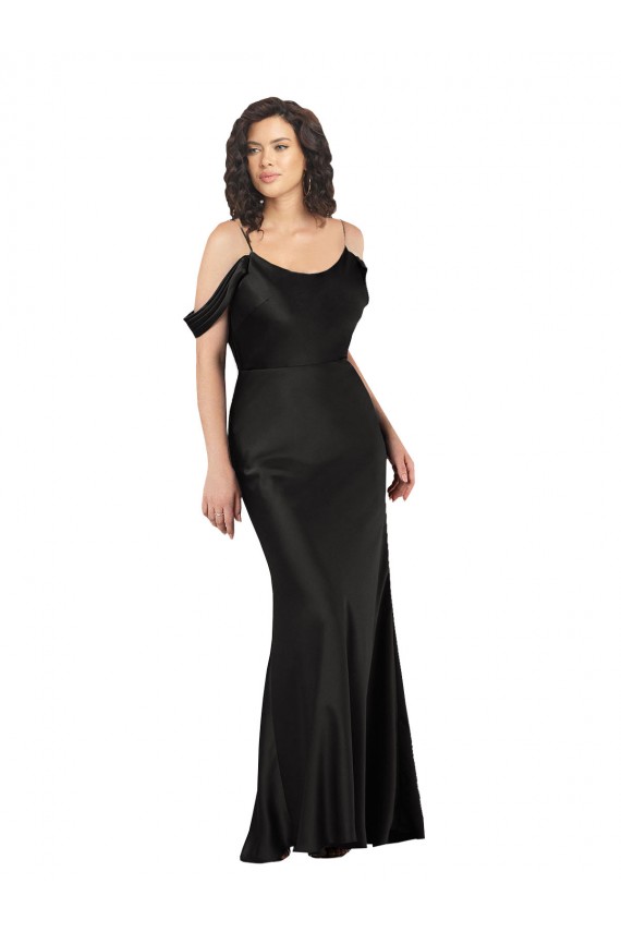 Noir Trapèze Épaule Dénudée Satiné Soyeux Longue Formelles Robes demoiselle d'honneur / Robes de soirée / Robes de bal à Vendre