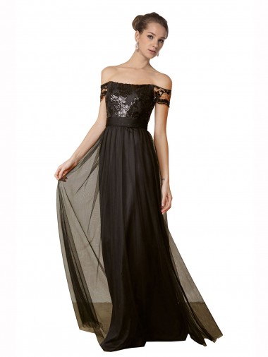 Noir Trapèze Épaule Dénudée Tulle Paillette Longue Robes demoiselle d'honneur à Vendre