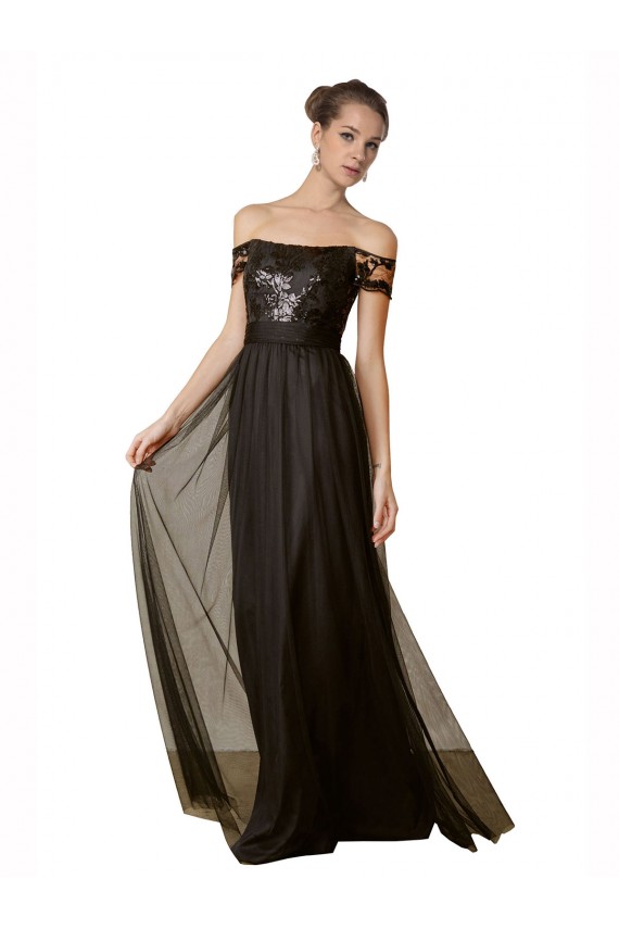 Noir Trapèze Épaule Dénudée Tulle Paillette Longue Robes demoiselle d'honneur à Vendre