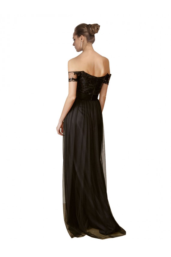 Noir Trapèze Épaule Dénudée Tulle Paillette Longue Robes demoiselle d'honneur à Vendre