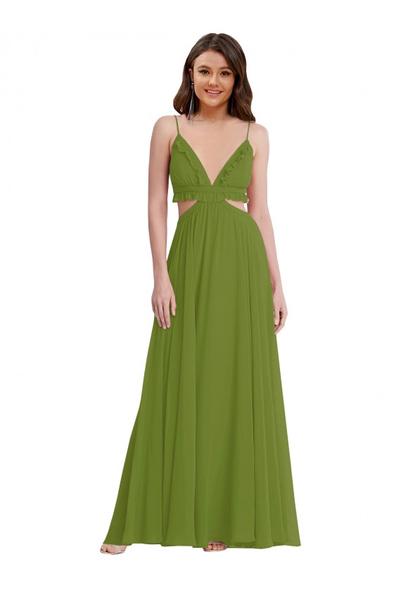 Olive verte Trapèze Col V Mousseline Longue Robes demoiselle d'honneur à Vendre