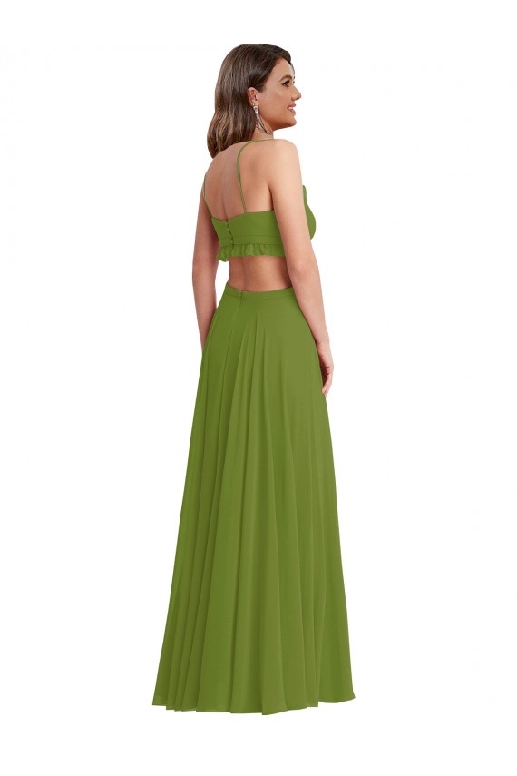 Olive verte Trapèze Col V Mousseline Longue Robes demoiselle d'honneur à Vendre