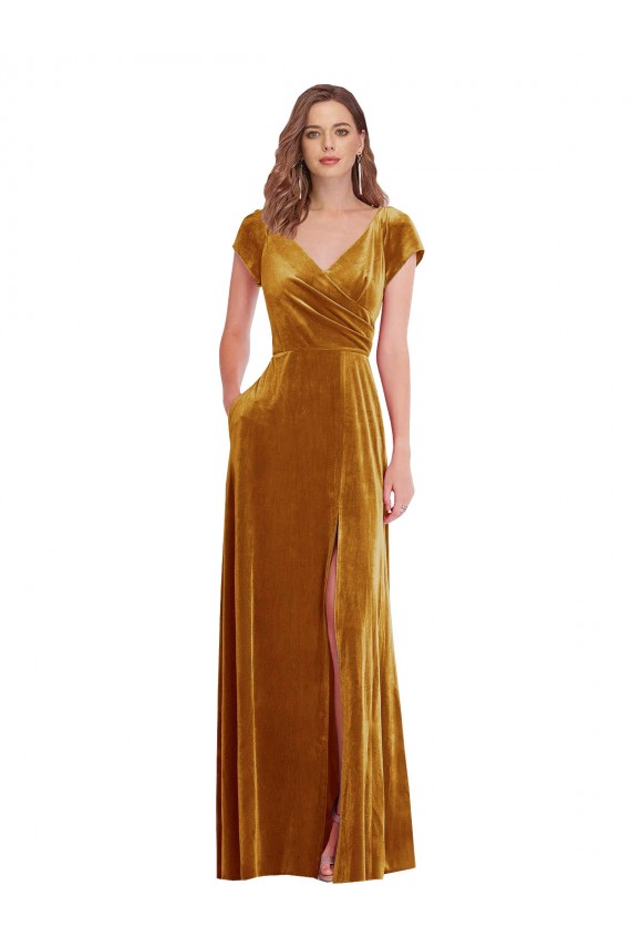Or Fourreau Col V Velours Stretch Longue Formelles Robes demoiselle d'honneur / Robes de soirée / Robes de bal à Vendre