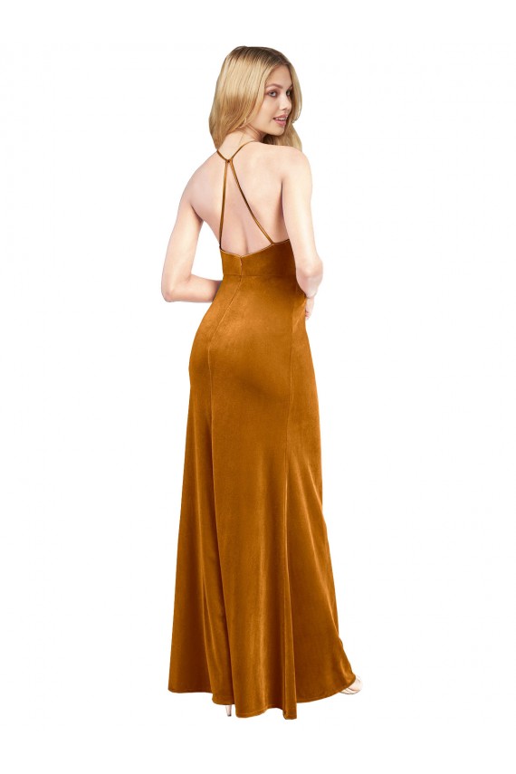 Or Trapèze Licou Col Haut Velours Stretch Longue Formelles Robes demoiselle d'honneur / Robes de soirée / Robes de bal à Vendre