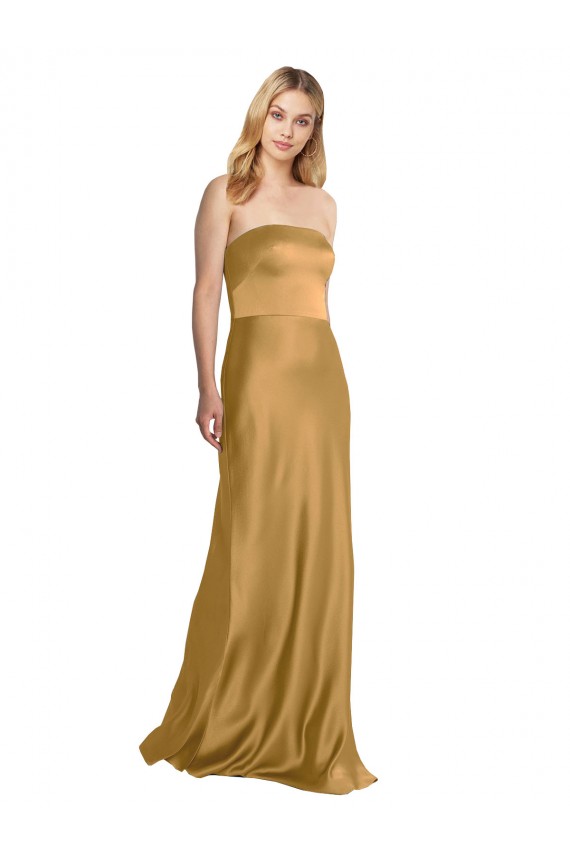 Or Trapèze Sans bretelle Satiné Stretch Longue Formelles Robes demoiselle d'honneur / Robes de soirée / Robes de bal à Vendre