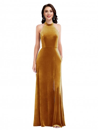 Or Trompette Licou Col Haut Velours Stretch Longue Robes demoiselle d'honneur / Robes de bal à Vendre
