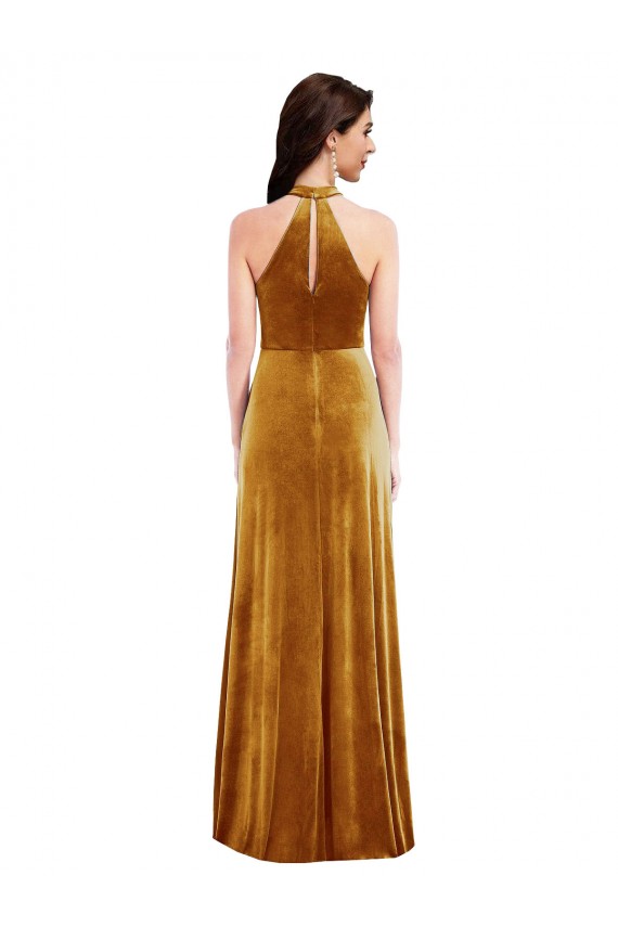 Or Trompette Licou Col Haut Velours Stretch Longue Robes demoiselle d'honneur / Robes de bal à Vendre