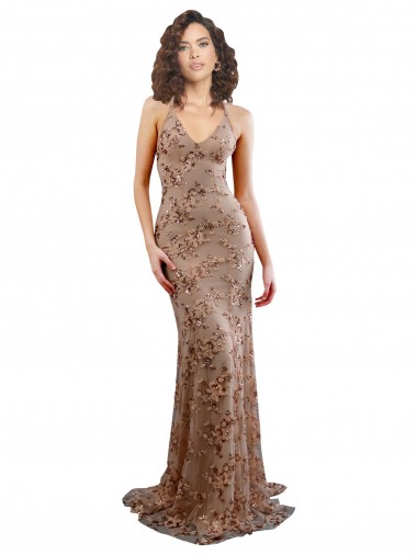 Or rose Sirène Col V Crêpe Stretch Paillette Tulle Longue Formelles Robes demoiselle d'honneur / Robes de soirée / Robes de bal à Vendre