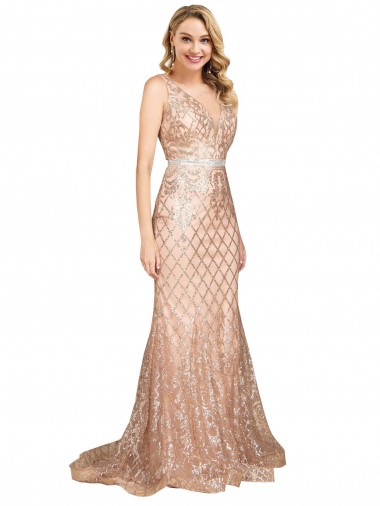 Or rose Sirène Col V Paillette Paillettes Scintillantes Longue Formelles Robes demoiselle d'honneur / Robes de soirée / Robes de bal à Vendre