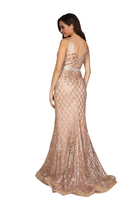 Or rose Sirène Col V Paillette Paillettes Scintillantes Longue Formelles Robes demoiselle d'honneur / Robes de soirée / Robes de bal à Vendre
