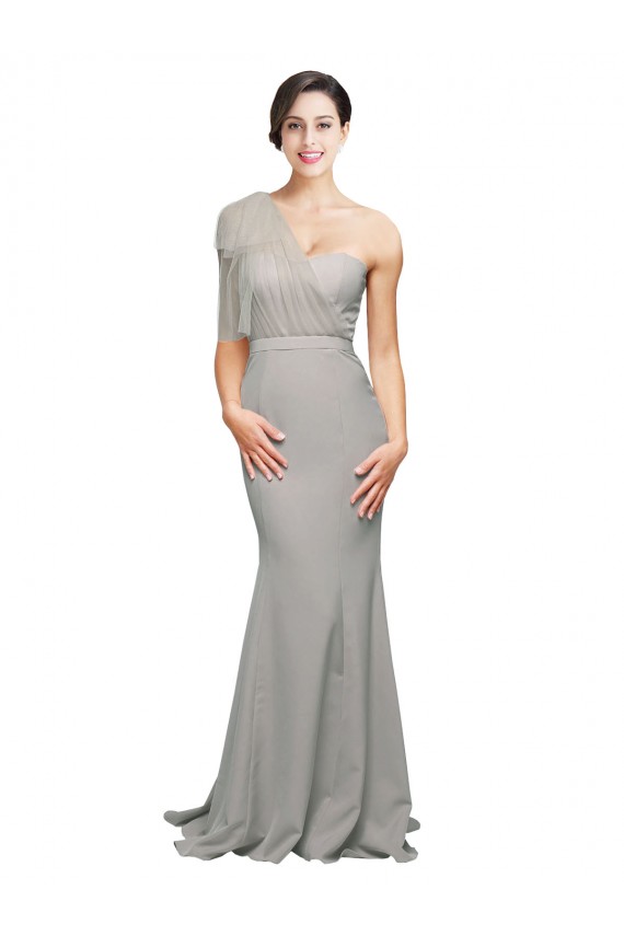 Oyster Argent Sirène Balayage train Crêpe Stretch Tulle Longue Formelles Robes demoiselle d'honneur / Robes de soirée / Robes de bal à Vendre