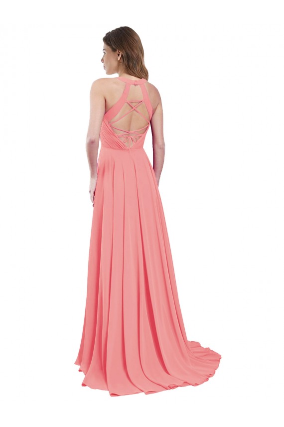 Pastèque Trapèze Licou Mousseline Longue Robes demoiselle d'honneur à Vendre