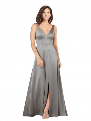 Pearl Grey Trapèze Col V Satiné Soyeux Longue Formelles Robes demoiselle d'honneur / Robes de soirée / Robes de bal à Vendre