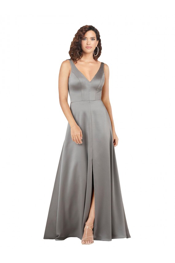 Pearl Grey Trapèze Col V Satiné Soyeux Longue Formelles Robes demoiselle d'honneur / Robes de soirée / Robes de bal à Vendre