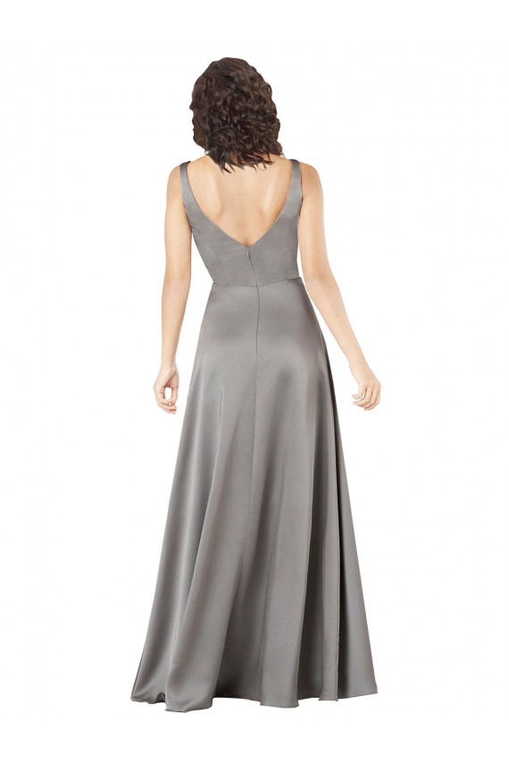 Pearl Grey Trapèze Col V Satiné Soyeux Longue Formelles Robes demoiselle d'honneur / Robes de soirée / Robes de bal à Vendre