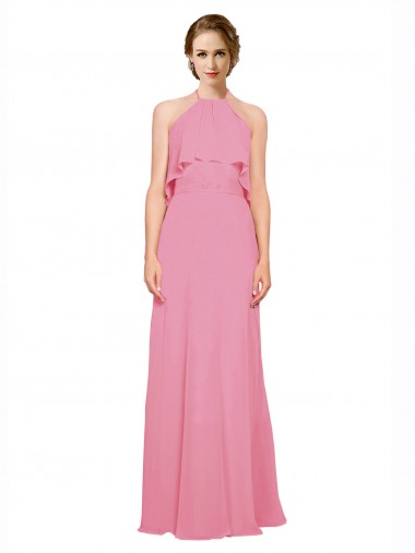 Peau Rose Trapèze Licou Col Haut Mousseline Longue Robes demoiselle d'honneur à Vendre