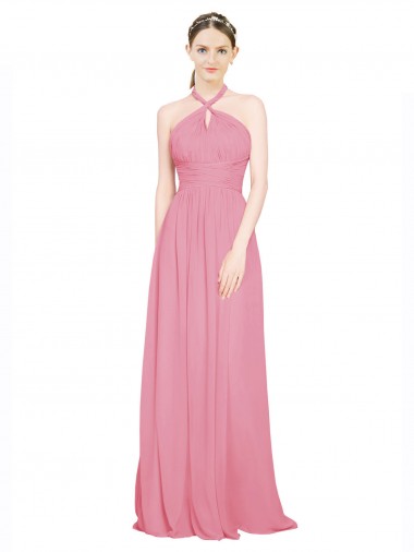 Peau Rose Trapèze Licou Col V Mousseline Longue Robes demoiselle d'honneur à Vendre