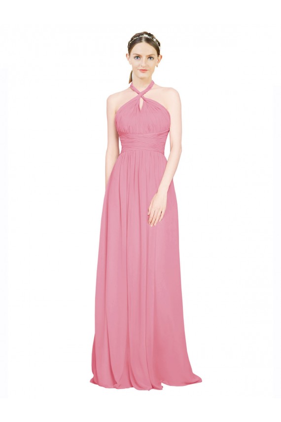 Peau Rose Trapèze Licou Col V Mousseline Longue Robes demoiselle d'honneur à Vendre
