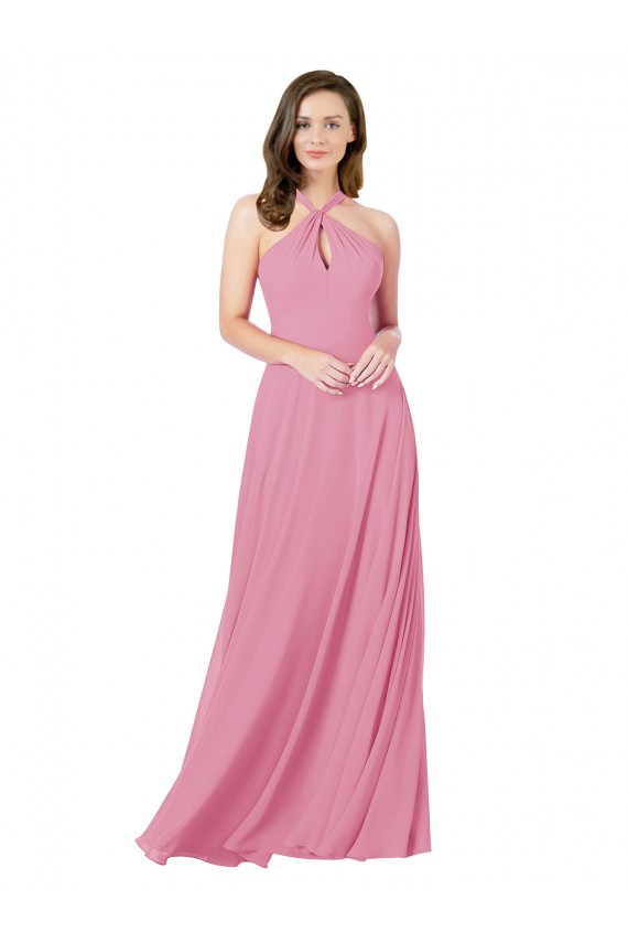 Peau Rose Trapèze Licou Mousseline Longue Robes demoiselle d'honneur / Robes de bal à Vendre