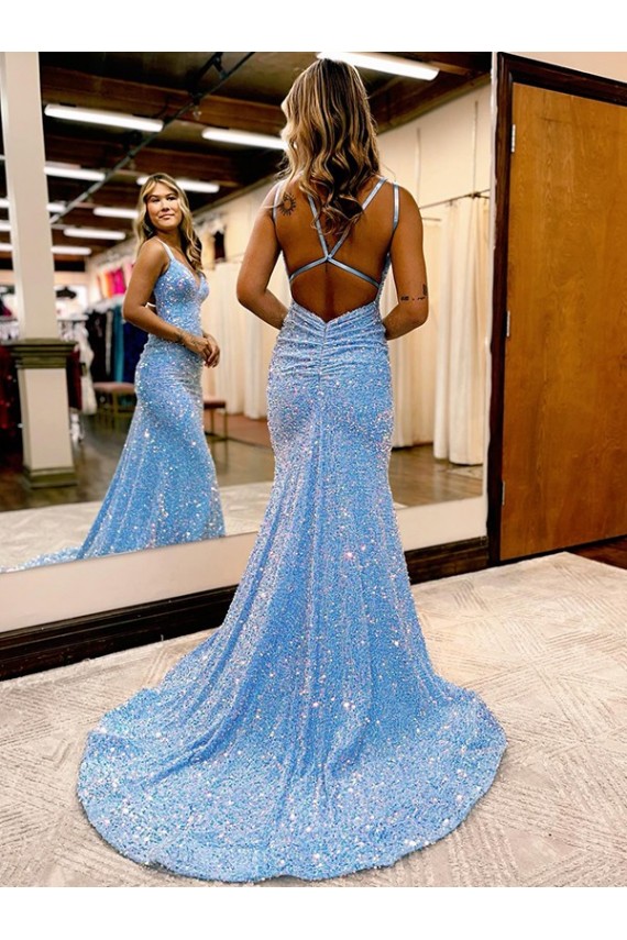 Periwinkle Fourreau Col V Balayage train Paillettes Velours Longue Robes de bal à Vendre