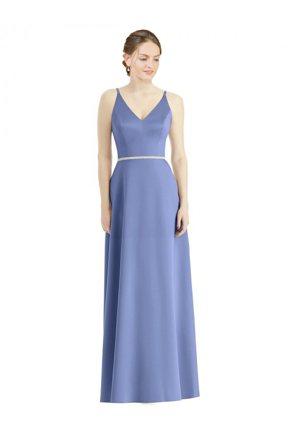 Periwinkle Trapèze Bretelles spaghetti Col V Satiné Longue Robes demoiselle d'honneur à Vendre