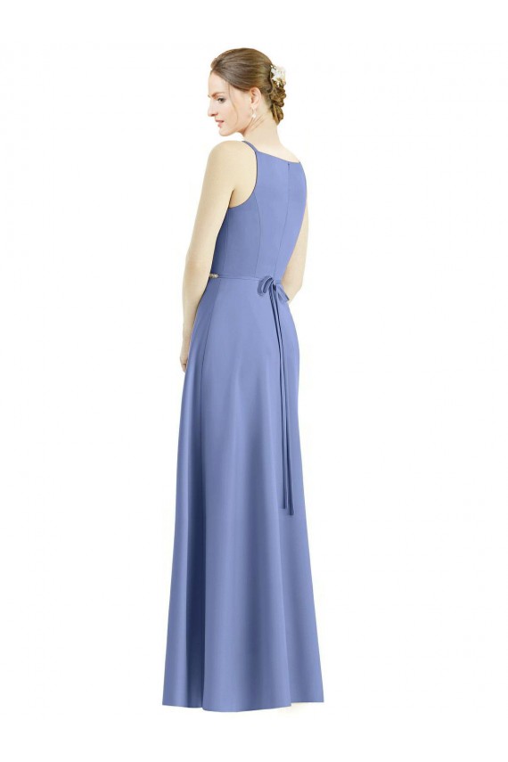 Periwinkle Trapèze Bretelles spaghetti Col V Satiné Longue Robes demoiselle d'honneur à Vendre