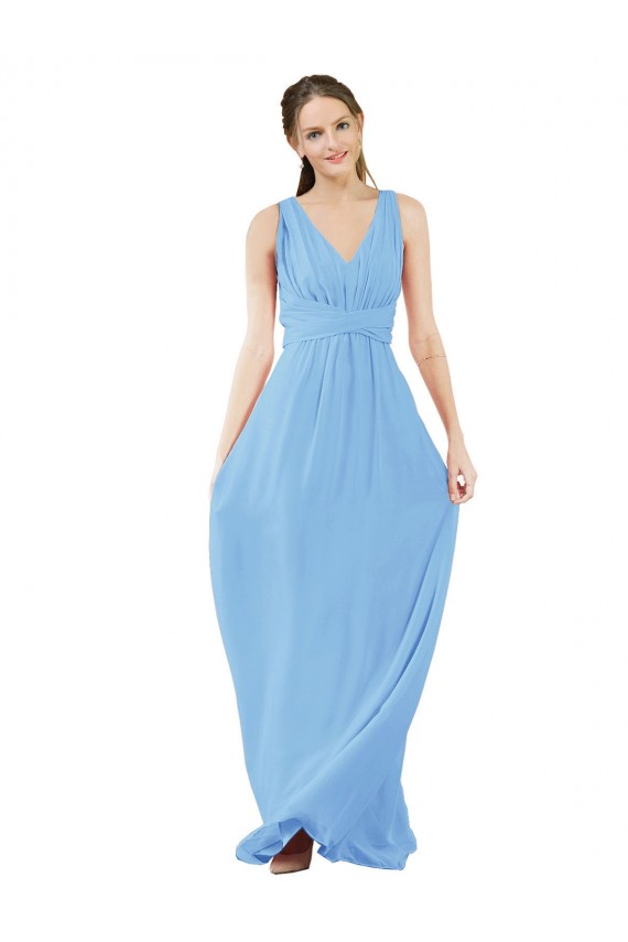 Periwinkle Trapèze Col V Mousseline Longue Robes demoiselle d'honneur à Vendre