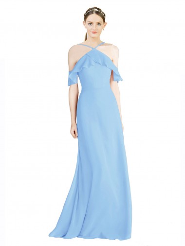 Periwinkle Trapèze Licou Mousseline Longue Robes demoiselle d'honneur à Vendre