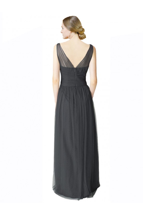 Pewter Trapèze Col V Tulle Longue Robes demoiselle d'honneur à Vendre