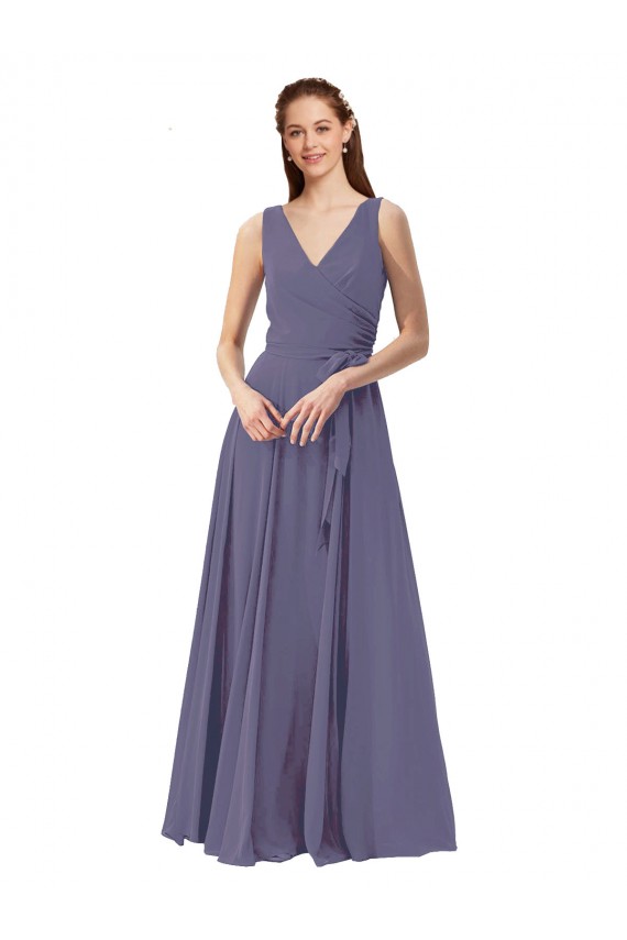 Pierre d'argent Trapèze Col V Mousseline Longue Robes demoiselle d'honneur à Vendre