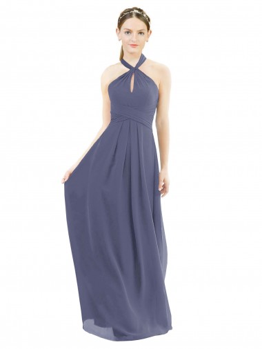 Pierre d'argent Trapèze Licou Mousseline Longue Robes demoiselle d'honneur à Vendre