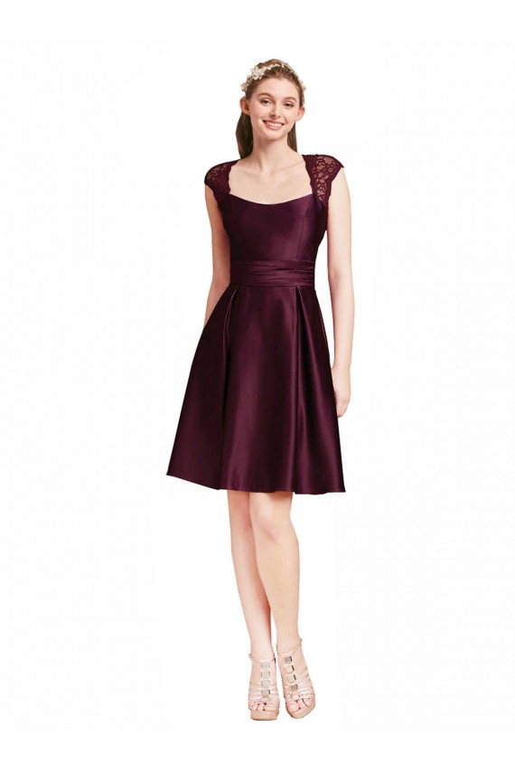 Pourpre Trapèze Col Carré Satiné Dentelle Courte Robes demoiselle d'honneur / Robes de cocktail à Vendre