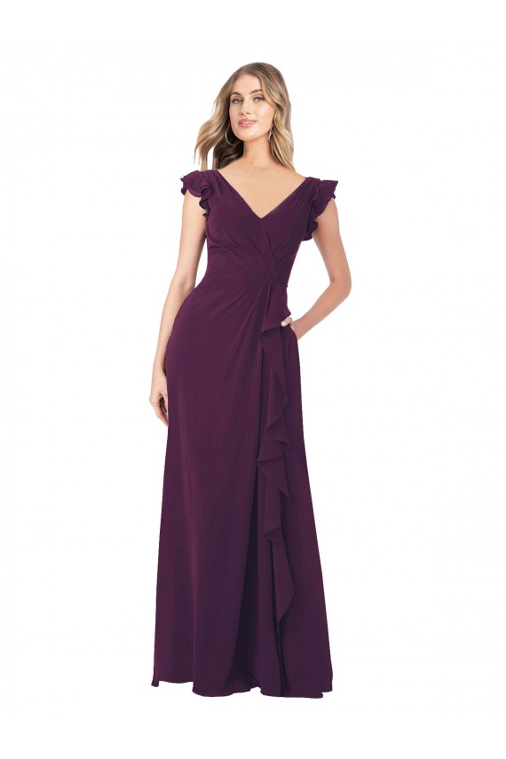 Pourpre Trapèze Col V Mousseline Longue Robes demoiselle d'honneur à Vendre