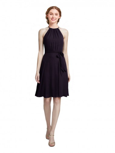Pourpre Trapèze Licou Col Haut Mousseline Courte Robes demoiselle d'honneur / Robes de cocktail à Vendre
