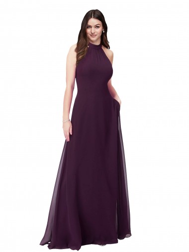 Pourpre Trapèze Licou Col Haut Mousseline Longue Robes demoiselle d'honneur à Vendre