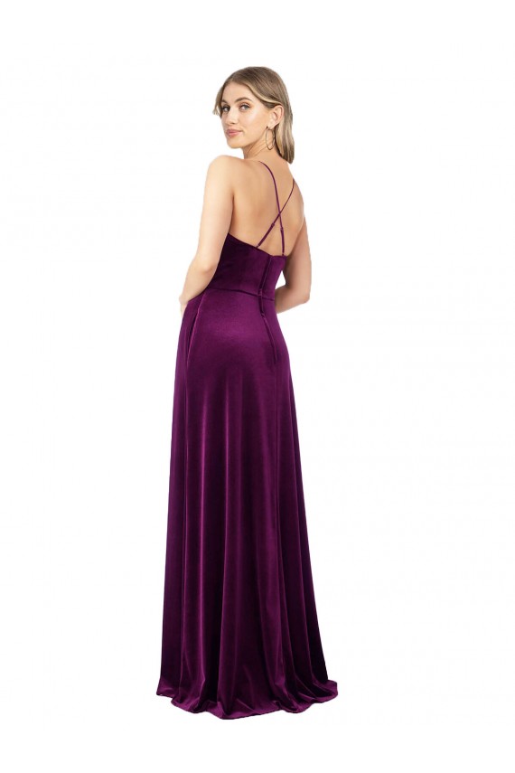 Pourpre Trapèze Scoop Col V Velours Stretch Longue Formelles Robes demoiselle d'honneur / Robes de soirée / Robes de bal à Vendre