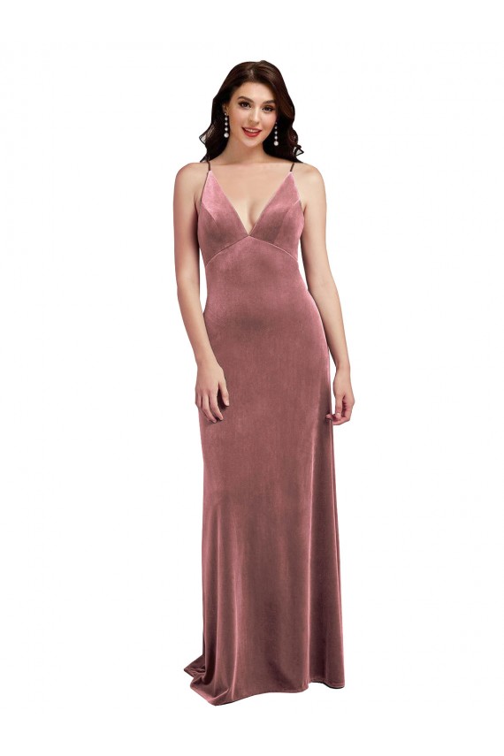 Rose Cannelle Trapèze Col V Velours Stretch Longue Formelles Robes demoiselle d'honneur / Robes de soirée / Robes de bal à Vendre