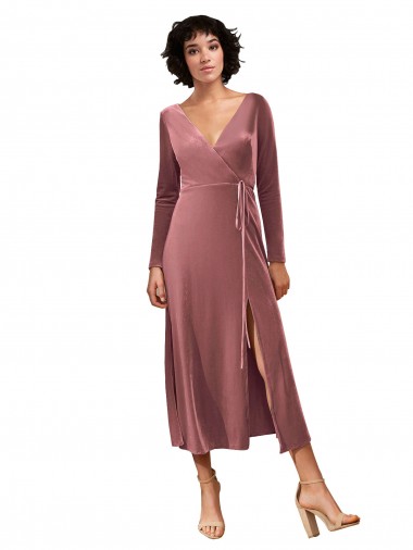 Rose Cannelle Trapèze Col V midi Velours Stretch Courte Robes demoiselle d'honneur / Robes de bal à Vendre