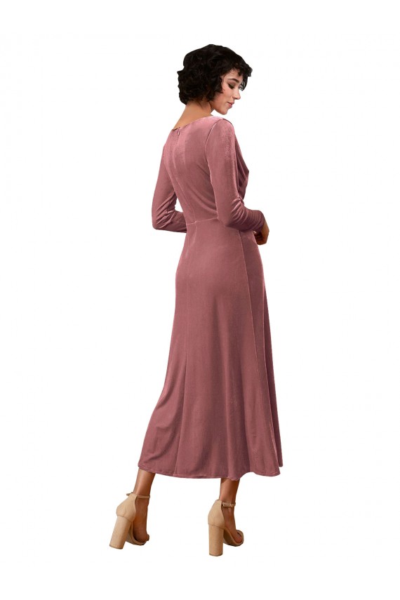 Rose Cannelle Trapèze Col V midi Velours Stretch Courte Robes demoiselle d'honneur / Robes de bal à Vendre