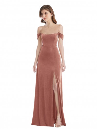 Rose Cannelle Trapèze Épaule Dénudée Velours Stretch Longue Robes demoiselle d'honneur / Robes de bal à Vendre