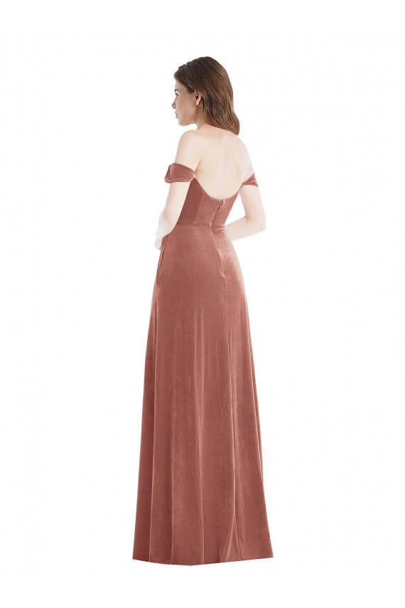 Rose Cannelle Trapèze Épaule Dénudée Velours Stretch Longue Robes demoiselle d'honneur / Robes de bal à Vendre
