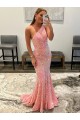 Rose Fourreau Balayage train Paillettes Velours Longue Robes de bal à Vendre