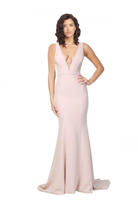 Rose Fourreau Col V Balayage train Crêpe Stretch Longue Formelles Robes demoiselle d'honneur / Robes de soirée / Robes de bal à Vendre