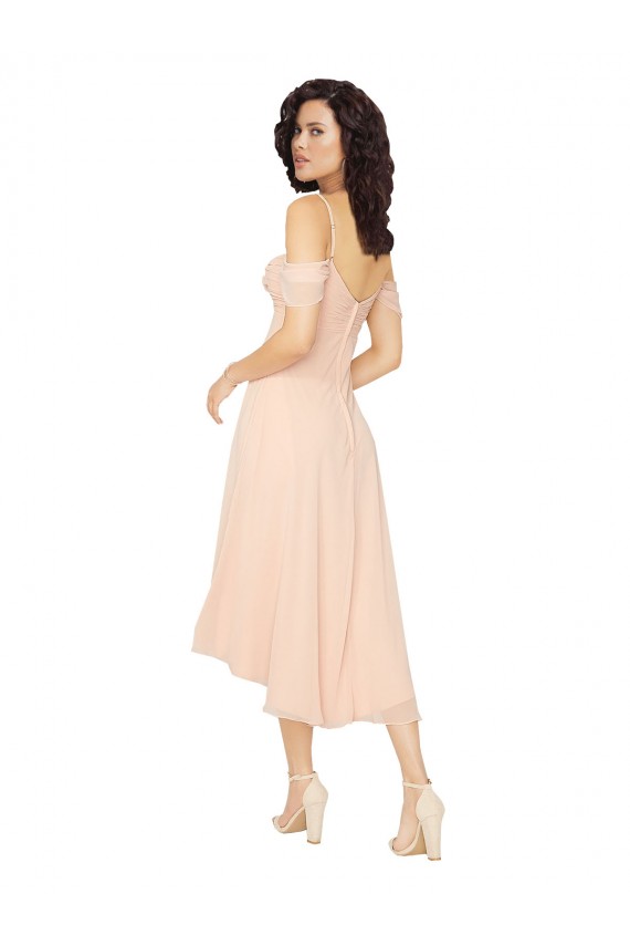 Rose Glacé Trapèze Col Carré midi Mousseline Courte Asymétrique Robes demoiselle d'honneur à Vendre